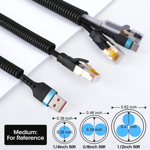 Split Wire Loom Kit With 50 Feet Each Of 1/4 Inch, 1/2 Inch, And 3/8 Inch Flexible Cable Sleeves For Auto Wiring, Black Poly Conduit