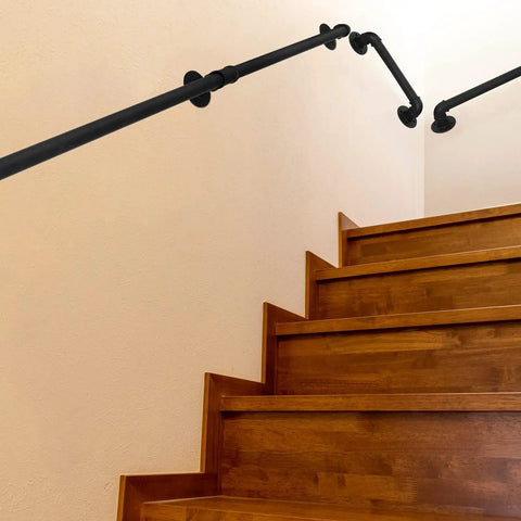 Legit Heavy Duty Galvanized Steel Pipe Stair Handrail, Wall Mounted Farmhouse Railing For Authentic Rustic Home Decor, Damn Sturdy Industrial Steps Safety Rail In Matte Black Finish along wooden stairs.