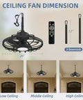 Outdoor Ceiling Fan With Light And Remote, 20 Inch, IP65 Waterproof, Gazebo Cage Style, black finish ceiling mount options