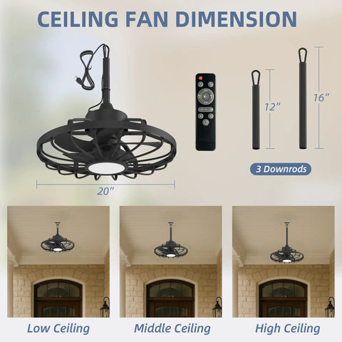 Outdoor Ceiling Fan With Light And Remote, 20 Inch, IP65 Waterproof, Gazebo Cage Style, black finish ceiling mount options