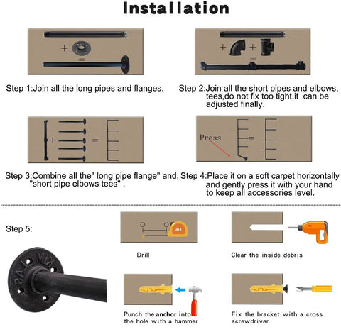Installation steps for Industrial Iron Pipe Shelf Kit With 5-Tier Wall Mount Brackets, including tools and parts layout.