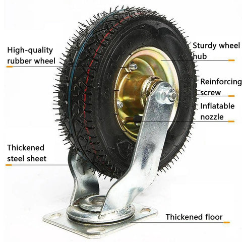 8 Inch Ball Bearing Pneumatic Wheels Swivel Castors With Rugged Rubber Tread, showing wheel hub and thickened steel sheet
