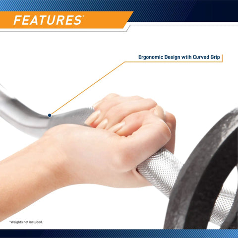 Hand gripping chrome bar from Standard Size Curl Bar And Dumbbell Handle Set With A 47 Inch Bar And 14 Inch Handles For 1 Inch Plates