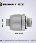 Close-up of Heavy Duty 10 Pack 1 2 Inch Liquid Tight Connector showing size dimensions 35mm and 53mm for PVC conduit use.