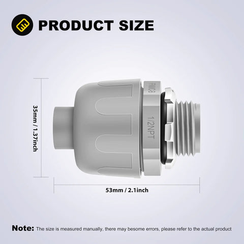 Close-up of Heavy Duty 10 Pack 1 2 Inch Liquid Tight Connector showing size dimensions 35mm and 53mm for PVC conduit use.