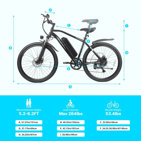 26 Inch Fat Tire Electric Bike With 750W Peak Motor 20 MPH Top Speed Up To 40 Mile Range For Trail And City Cruisin dimensions