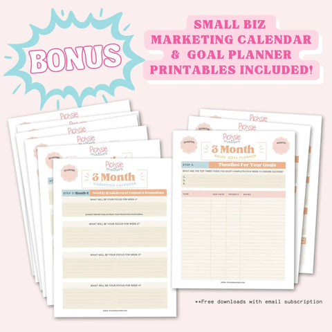 Small business marketing calendar and goal planner printables with bonus text on a pink background.