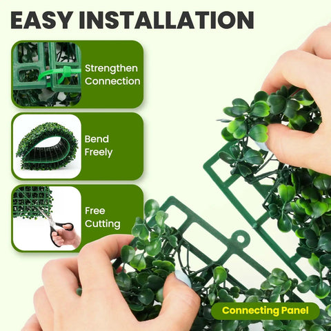 Hands connecting panels of the Artificial Grass Wall Panel Kit With 12 Boxwood Panels 10x10 Inches For Greenery Walls Outdoor Privacy
