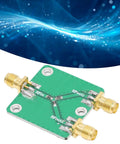Built To Last Two Way RF Power Splitter PCB Board DC To Five Gigahertz Frequency Range With Six Decibel Attenuation with connectors.