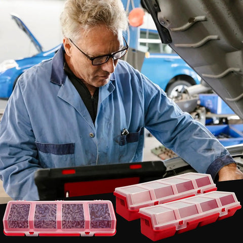 Mechanic with 6 Pack Screw Organizer Storage Bins With Lids, Stackable Plastic Hardware Box shown in automotive workshop.