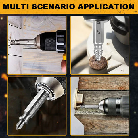 Multi-scenario use of 6-Piece Damaged Screw Extractor Set For Stripped, Rusty, And Broken Screws And Bolts, shown in four applications.