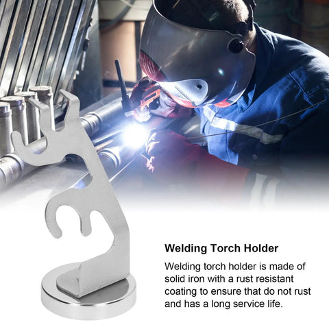 MIG Welding Torch Holder With Strong Magnetic Base and welder in action on steel surface