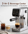 Dope 2-In-1 Espresso Machine And Cold Brew Maker With Badass 20 Bar Pump And Responsive Touchscreen brewing espresso and iced coffee.