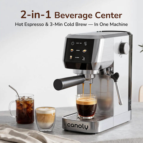 Dope 2-In-1 Espresso Machine And Cold Brew Maker With Badass 20 Bar Pump And Responsive Touchscreen brewing espresso and iced coffee.