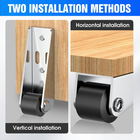 4 Pack Rubber Swivel Gate Caster Wheels Replacement Kit With Non Slip Rolling Casters shown with vertical and horizontal mounting options