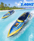 Two Mini RC Boat 2.4GHz Remote Control Toy For Pool And Bath, 360 Spin And Steady Grip, racing on a clear blue pool.
