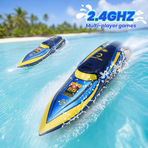 Two Mini RC Boat 2.4GHz Remote Control Toy For Pool And Bath, 360 Spin And Steady Grip, racing on a clear blue pool.