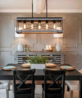 Industrial Farmhouse 5 Light Kitchen Island Pendant In Wood And Metal Dope Linear Chandelier With Antique Gold And Black Finish over dining table
