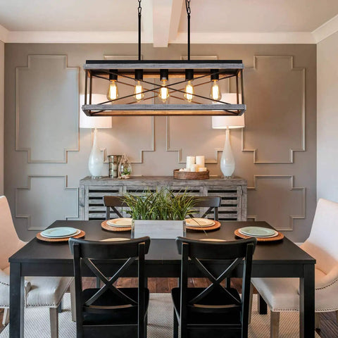 Industrial Farmhouse 5 Light Kitchen Island Pendant In Wood And Metal Dope Linear Chandelier With Antique Gold And Black Finish over dining table