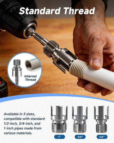 Two In One Pipe Tapping And Threading Kit For One Half Inch, Three Quarter Inch, And One Inch PVC Pipes in use with drill