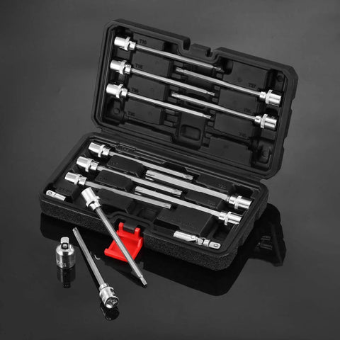 Long Reach 3/8 Inch Torx Bit Socket Set, 15-Piece T10 Through T60, S2 Alloy Steel, open case with universal joint and adapters.