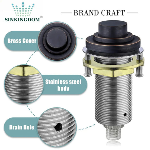 Air Switch Kit For Garbage Disposal With Cordless Brass Button And Brushed Nickel Finish, showcasing stainless steel body and drain hole