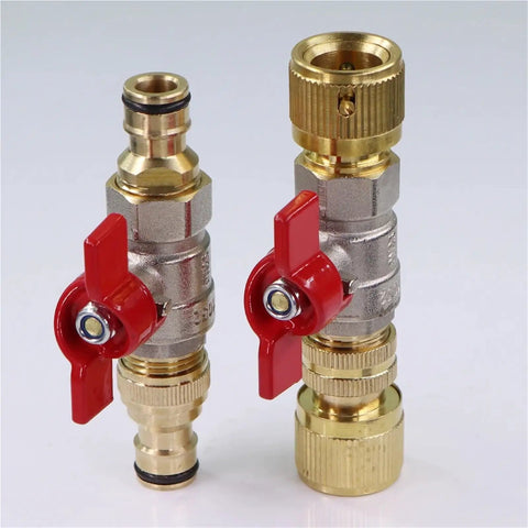 Half Inch Brass Ball Valve Hose Adapter With 16mm Quick Connector For Garden Irrigation And Watering Fittings Extender Coupling Joint Easy Install Ideal For DIY Garden Projects And Quick Watering Setup On Any Hose System, red lever valves