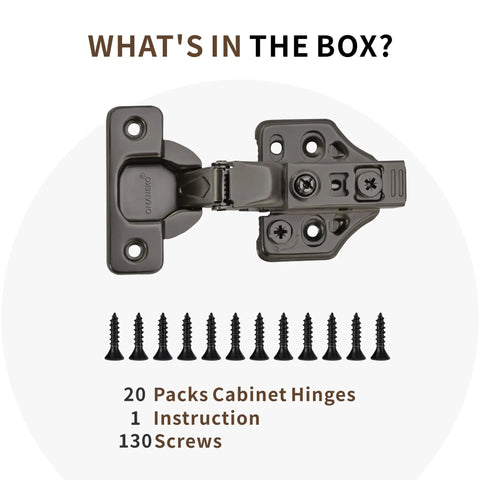 Twenty Pack Inset Soft Close Cabinet Hinges Delivering Rock Solid Three Way Adjustment And Hella Smooth Self Closing Cycle For Everyday Kitchen Cabinetry Includes Full Mounting Set In Classic Black with screws and instructions.