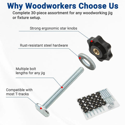 20 Sets All In One T Track Knob Kit With 1/4-20 T Bolts In 1 Inch 1-1/2 Inch And 2-1/2 Inch Lengths Star Knobs And Washers