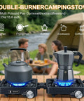 Two Burner Camping Stove With 24000 BTU Total Heat, foldable propane stove setup with kettle and coffee pot, outdoor scene