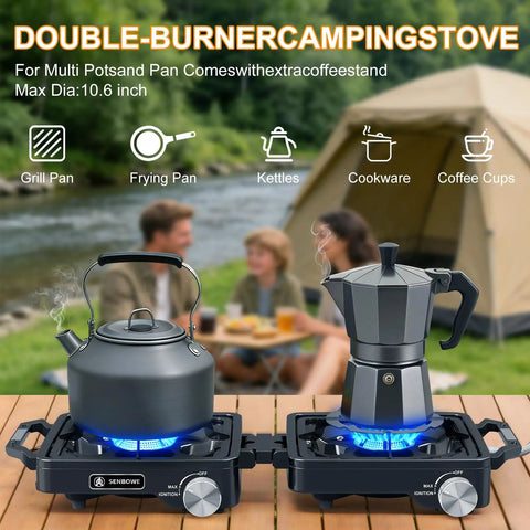 Two Burner Camping Stove With 24000 BTU Total Heat, foldable propane stove setup with kettle and coffee pot, outdoor scene