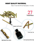 25 Pack 1/4-20 X 2 Inch Hanger Bolts With Rust Proof Zinc Finish Includes Steel Driver And HSS Drill Bit showing heavy gauge screws and drill bit.