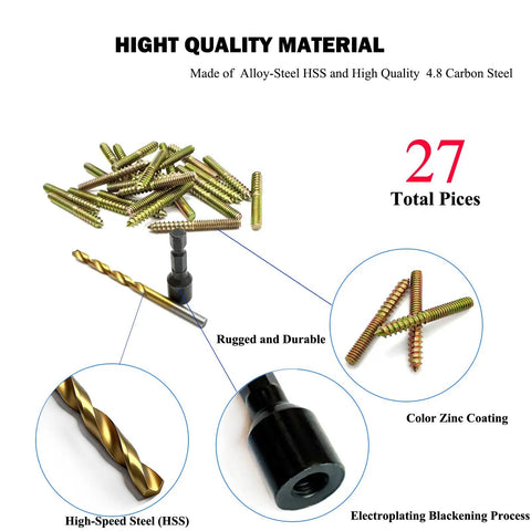 25 Pack 1/4-20 X 2 Inch Hanger Bolts With Rust Proof Zinc Finish Includes Steel Driver And HSS Drill Bit showing heavy gauge screws and drill bit.