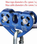 Blue tandem trolley zip line pulley for mountaineering and backyard zip line setups with stainless steel bearings, aluminum body.