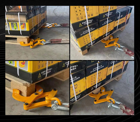 Heavy Duty Pallet Puller Clamp Workhorse With 2204 Lb Grabber Hook Steel Single Scissor Clamp Five Inch Jaw Opening For Forklift Chain And Stump Puller Non Slip Fixed Nuts Industrial Grade Tough Tool attached to pallet boxes