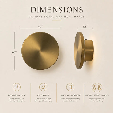 DANCYHOME 6.7" Rechargeable LED Wall Sconce in Brushed Brass, showcasing dimensions 6.7" by 2.6", highlighting USB charging features.