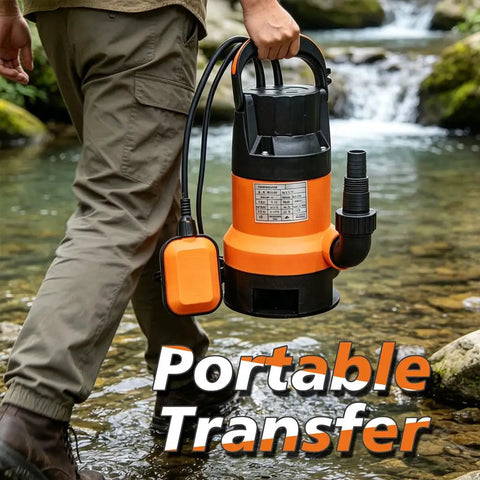 Heavy Duty Half Horsepower Submersible Water Pump With 110 Volt High Flow Utility Sump Motor And Auto Cutoff Switch No Hassle Water Removal For Pool Basement Pond Garden Garage Cleaning being carried by a person near a stream.