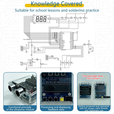 Ultrasonic Distance Measuring Soldering Practice Kit With Adjustable Alarm diagram showing assembly details, labeled components, usage instructions.