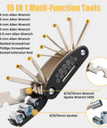 On The Go 33 Piece Bike Repair Kit With Mini Pump And 16 In 1 Multitool showing Allen wrenches and sockets