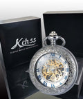 Mechanical Pocket Watch With Magnifier Case And Half Hunter Engraved Silver Chain Skeleton Dial Roman Numerals Classic Vintage Style For Men And Women Jewelry Quality Timepiece For Casual Or Business Wear