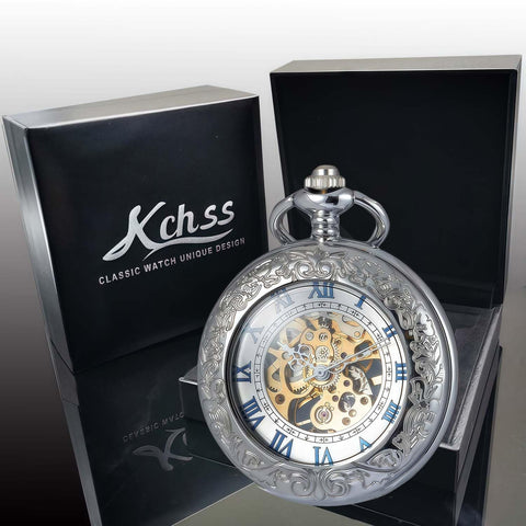 Mechanical Pocket Watch With Magnifier Case And Half Hunter Engraved Silver Chain Skeleton Dial Roman Numerals Classic Vintage Style For Men And Women Jewelry Quality Timepiece For Casual Or Business Wear