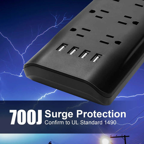 Two Prong To Three Prong Power Strip With 6 Ft Extension Cord, 700J Surge Protector, 10 AC Outlets And 4 USB Ports, Black
