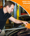 Man using Six Piece Body Filler Spreaders Set For DIY Auto Body Repair on black car hood, holding trapezoid plastic tool.