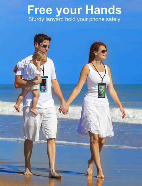 Family at beach with Two Pack Waterproof Phone Pouch Case Black And White IP68 Dry Bag for smartphones up to 8.3 inches including lanyard