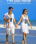Family wearing Five Pack Multicolor Waterproof Phone Pouches With IP68 Dry Bags at the beach, phones in waterproof cases