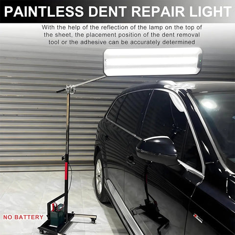 Paintless Dent Repair Light Board With Wheels And Adjustable Bracket For Quick On The Go Dent Fix beside black car in garage