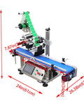 Top Shelf Automatic Desktop Conveyor Labeling Machine Engineered For Zero Stress Workflows On Cosmetics Food And Containers Fast Plug Into Standard Outlet For Smooth Flat Surface Application That Truly Delivers, shown from a top angle with measuring dimensions.
