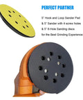5 Inch 8 Hole Hook And Loop Sanding Pad Replacement For R2600 And R2601 Random Orbit Sander And Polisher Beefy Thick Backing Easy Screw On Install 1 Piece shown on sander