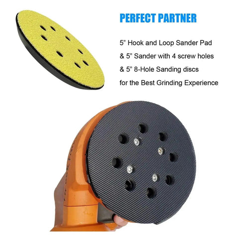 5 Inch 8 Hole Hook And Loop Sanding Pad Replacement For R2600 And R2601 Random Orbit Sander And Polisher Beefy Thick Backing Easy Screw On Install 1 Piece shown on sander