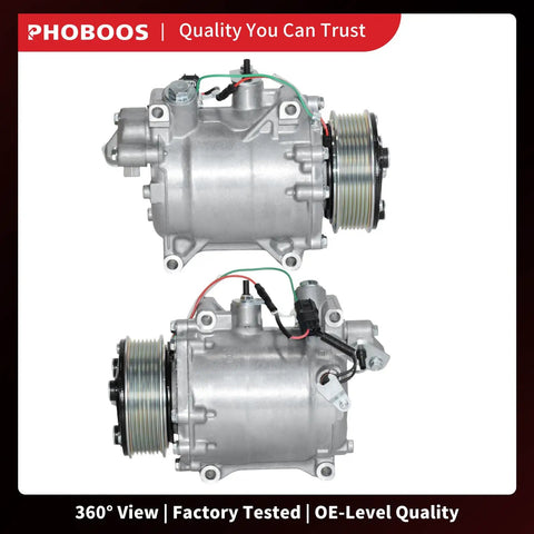 Heavy Duty Air Conditioning Compressor With Clutch Direct Fit Replacement For Honda Cr V And Acura Rdx, silver metal casing, front and side views.